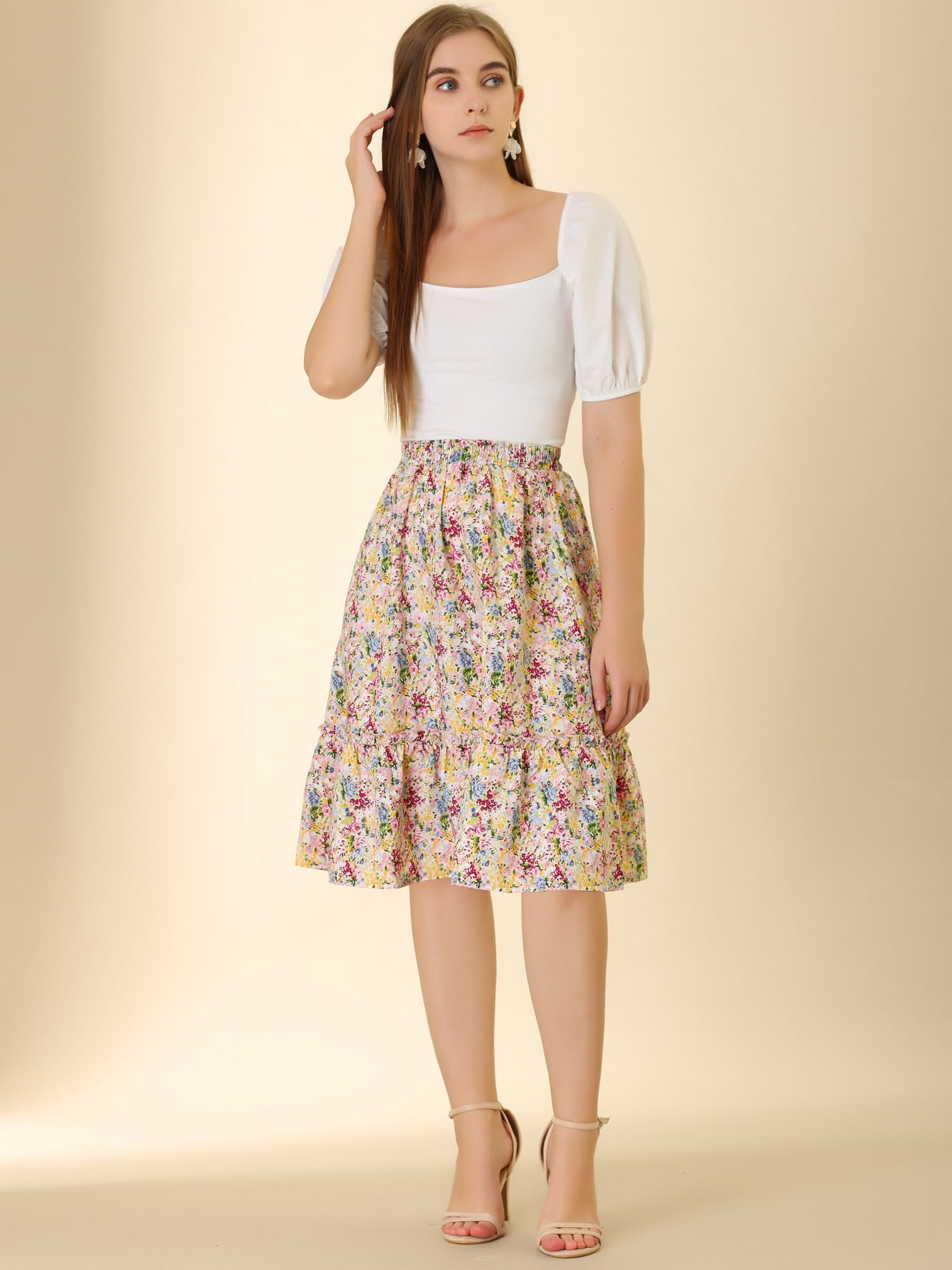 DARING DIVA Women's Flowy Ruffle Hem Tiered Floral Midi Skirt M Multicolor