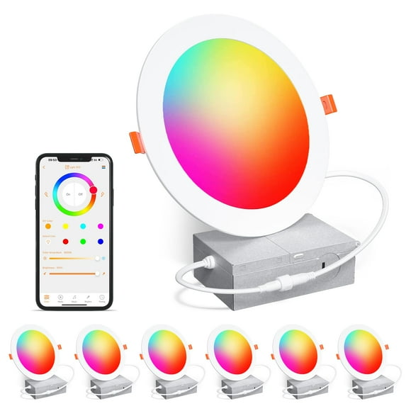 Smart Recessed Lighting 6 Inch RGBCW Color Changing 16W LED Recessed Ceiling Light with Junction Box,1350LM Canless Wafer Downlight Compatible with Alexa,Dimma