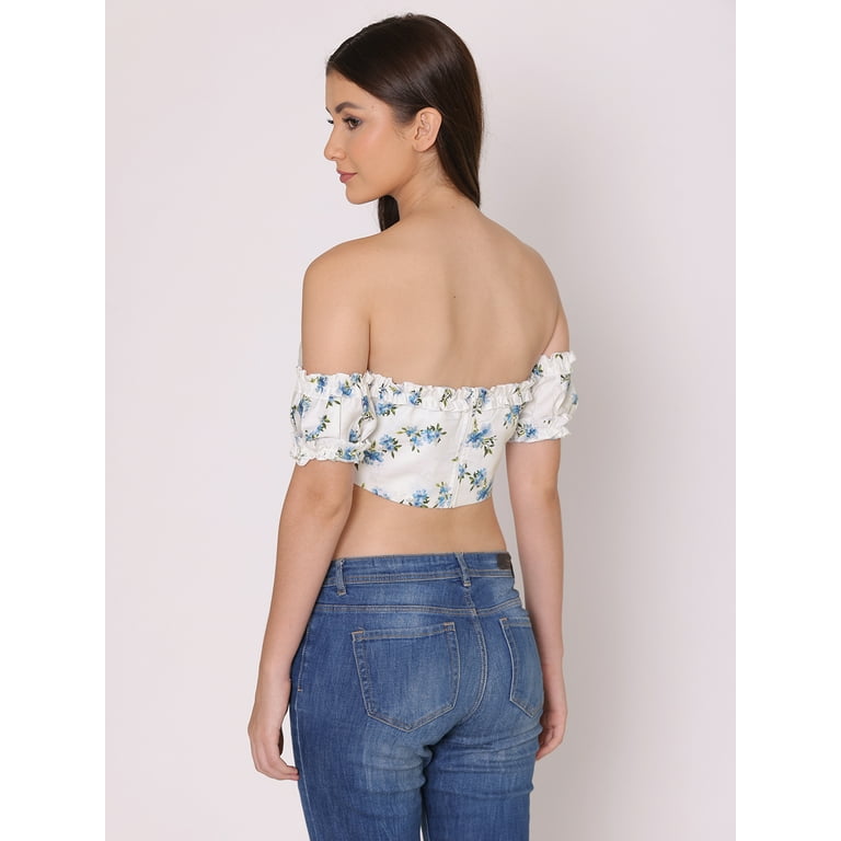HERE NOW Women s Printed Off Shoulder Cute Tube Top Short Puff Sleeves High Waist Casual Wear Summer Crop Top