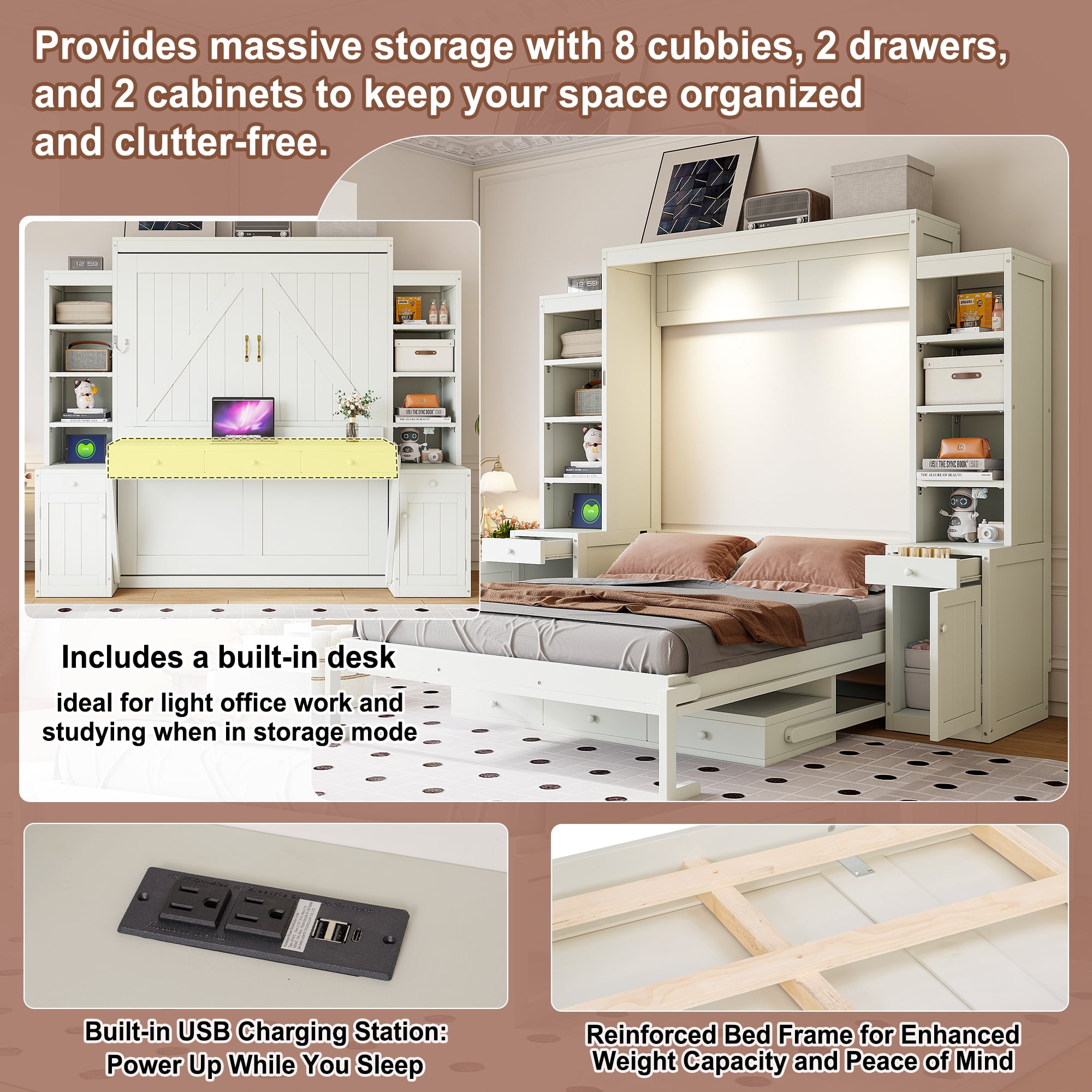Mintazer Queen Murphy Bed with Desk, Charge Station, Drawers and Storage Shelves, Convertible Wood Wall Platform Bed with Cabinets for Bedroom, White