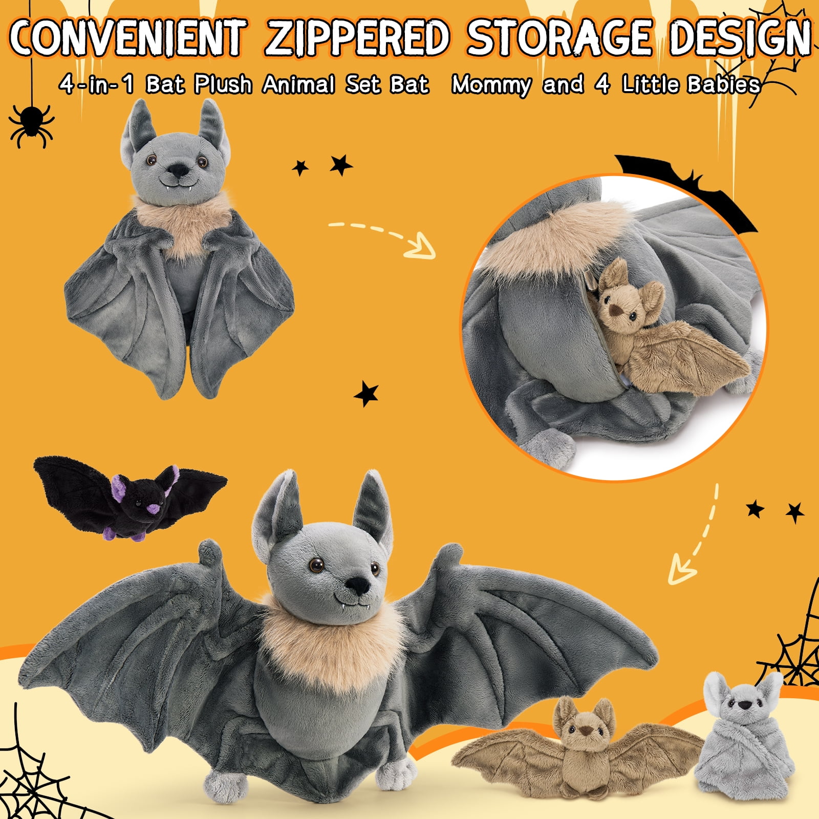MorisMos 4Pcs Realistic Goth Bat Stuffed Animals Set, Large Mommy Stuffed Bat with 3 Cute Babies Plush Toys