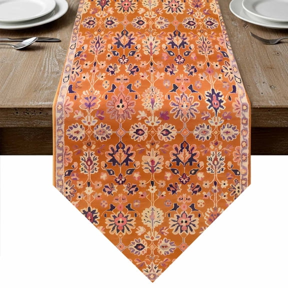 Boho Orange Table Runner Linen Burlap Table Runner 120 Inches Long Country Style Bohemian Floral Retro Tribal Dresser Scarves for Kitchen Island Coffee Dining Party Wedding Holiday Decor 13"x120"