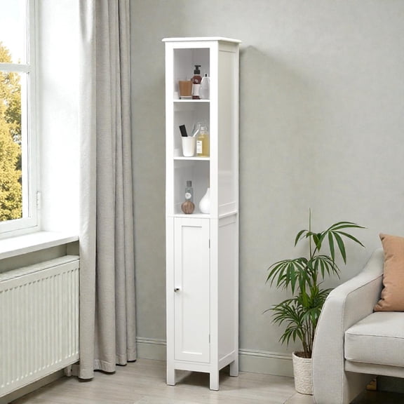 Tcbosik 66.93" H Versatile Tall Narrow Cabinet with Adjustable Shelves, Open Storage and Reversible Door, for Bathroom, Kitchen, Living Room, White