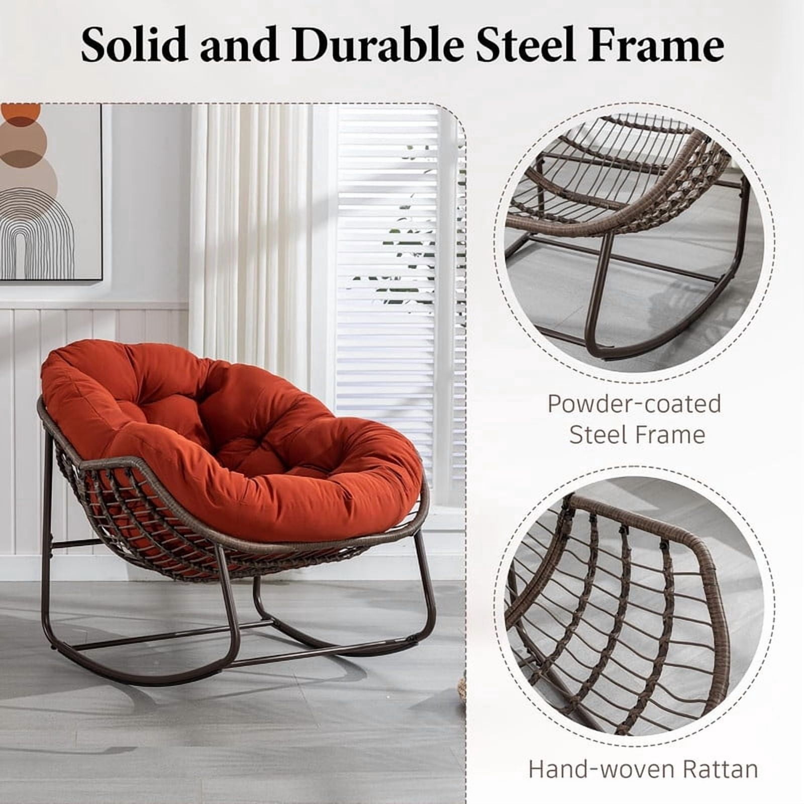 Outdoor Rattan Rocking Chair, Rocking Papasan Chair with Thick Cushion, Comfy Wicker Egg Chairs Lounge Recliner Chair, Padded Cushion Rocker