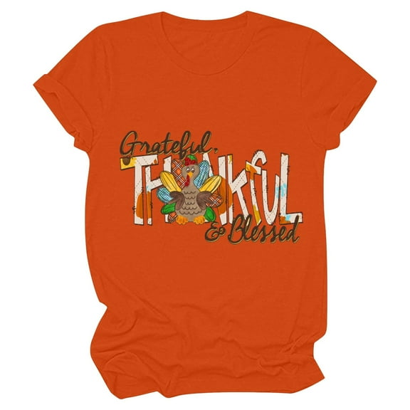 Odeerbi Thanksgiving Shirts for Women 2025 Casual Round Neck Short-sleeved Printed T-shirt Top Orange