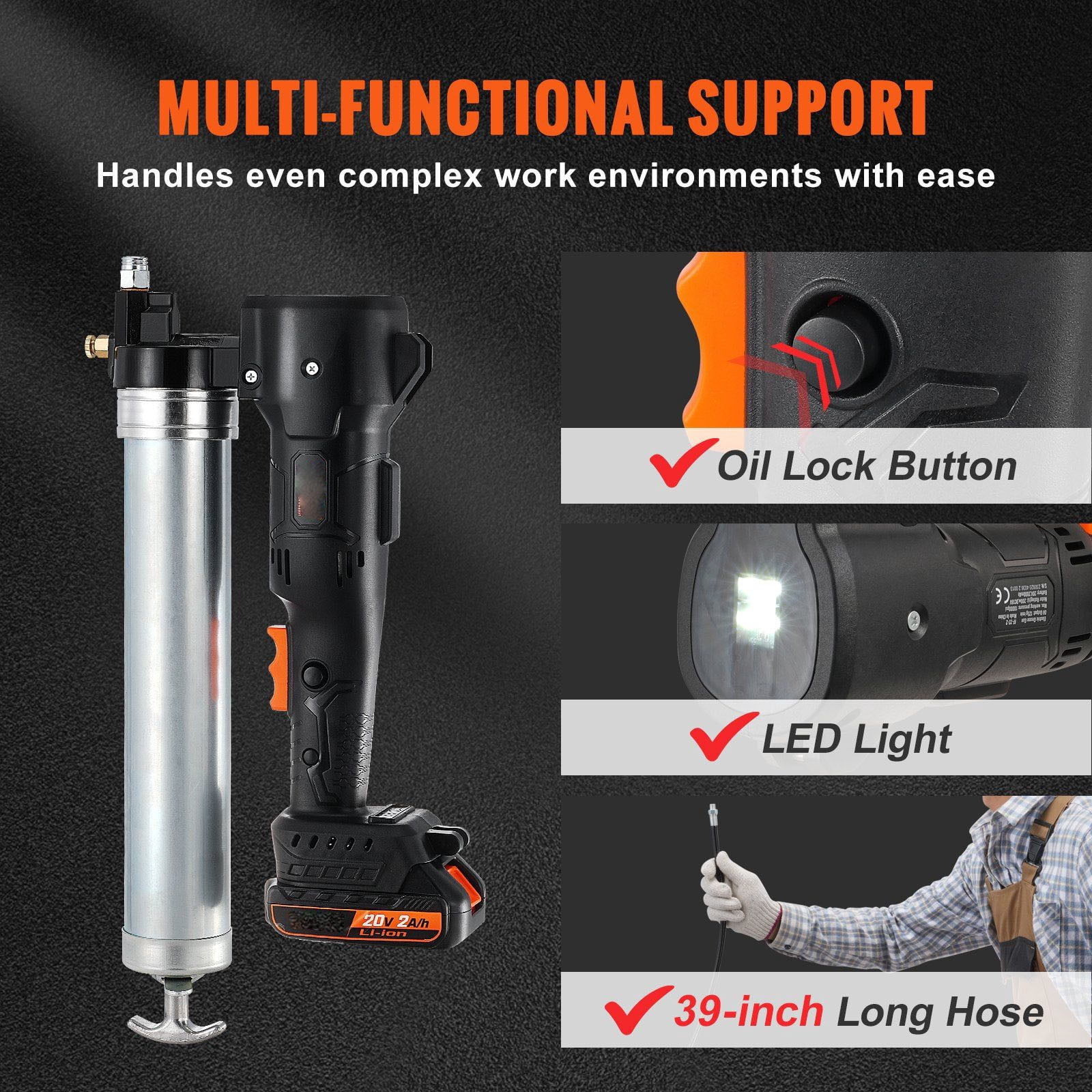 Cordless Grease Gun 20V 10000 PSI, Electric Grease Gun Kit with 39" Hose, 2 Batteries & Charger, Professional High Pressure Battery Powered Grease Gun, Black
