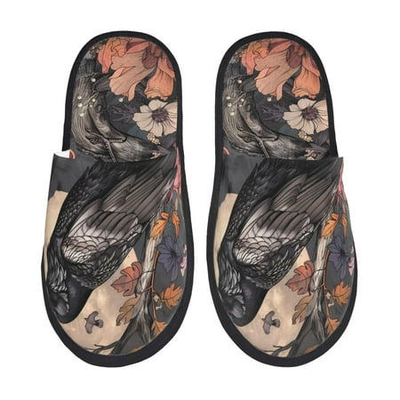 Balery Moonlit Crow Blossoms Slient Indoor Furry Fleece Comfort House Shoes Soft Non-Slip Home Shoes Cotton slippers House Slippers-- Large