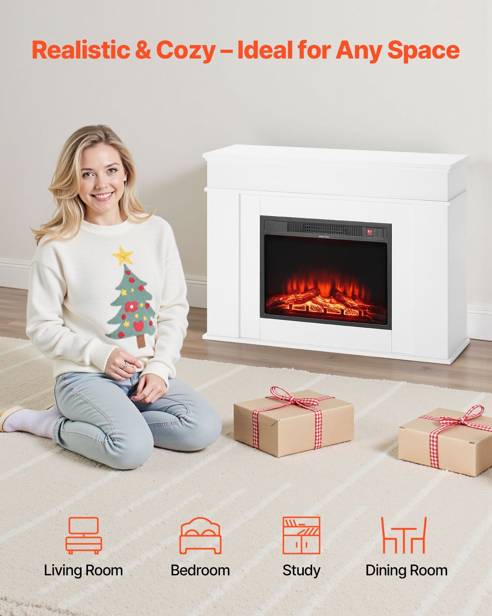 43" White Electric Fireplace Stove, Freestanding 1500W Heater with Remote, Adjustable Flame & Timer, 5120 BTU, Overheating Protection for Indoor Use