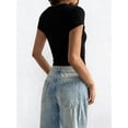 thumbnail image 2 of Women'S Square Neck Crop Top Short Sleeve T-Shirts Slim Fitted Going Out Tops Y2K Cute Basic Tees Black L, 2 of 7