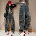 thumbnail image 2 of KAUOD Baggy Cargo Jeans for Teen Girls Y2K Cargo Pants High Elastic Waist Wide Leg Jeans Hip Hop Girls Denim Pants Loose Fit, 2 of 9