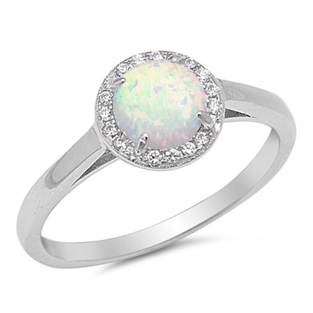 CHOOSE YOUR COLOR Round White Simulated Opal Halo Wedding Ring New .925 Sterling Silver