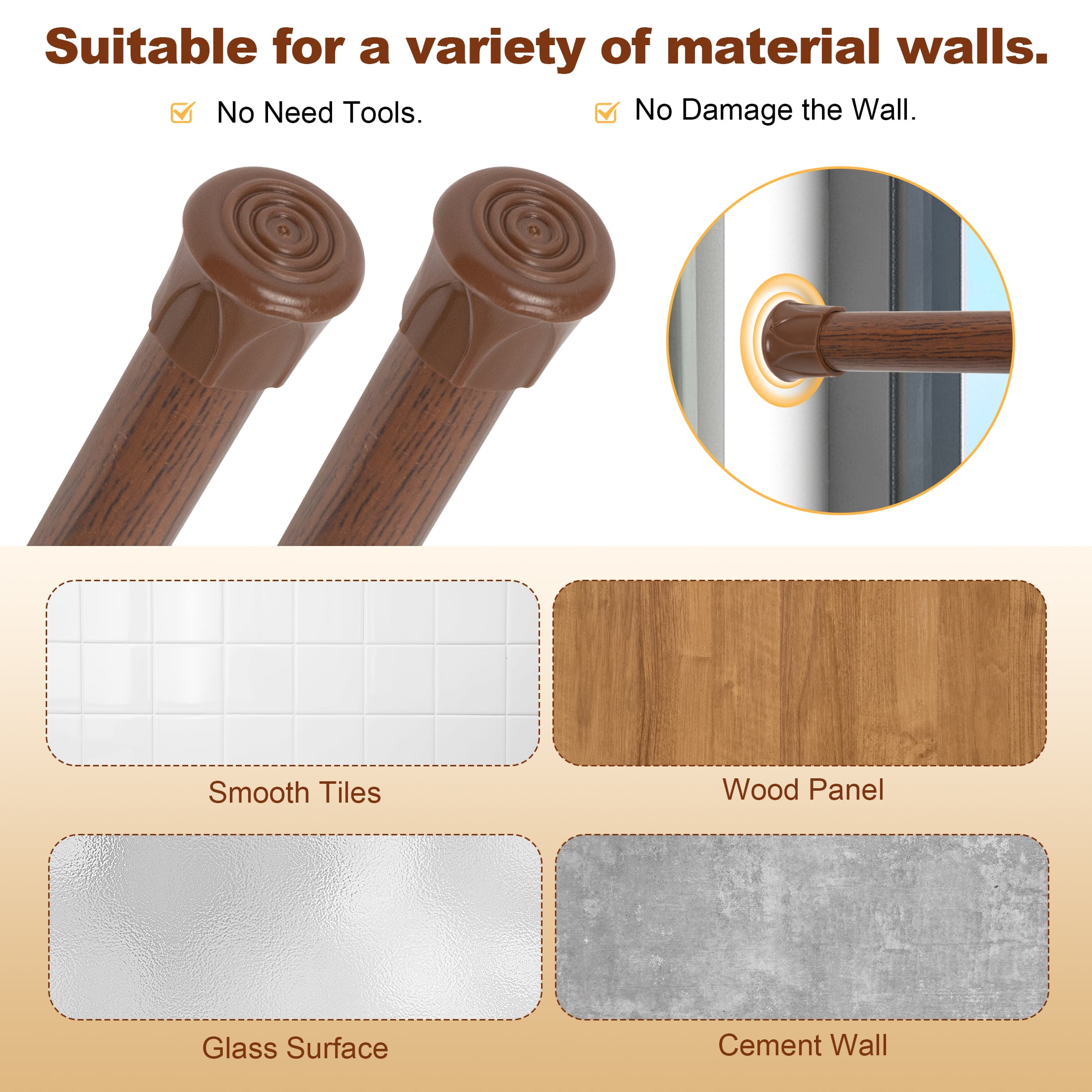 BEAMNOVA 6Pcs Tension Curtain Rod for Windows Cabinet Wardrobe Closet 28"-48" Adjustable, 1/2" Diameter, Brown