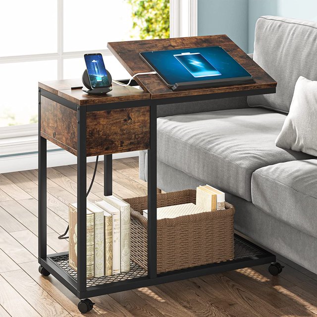 C Side Table with Outlet and USB Ports, Portable Table with Charging