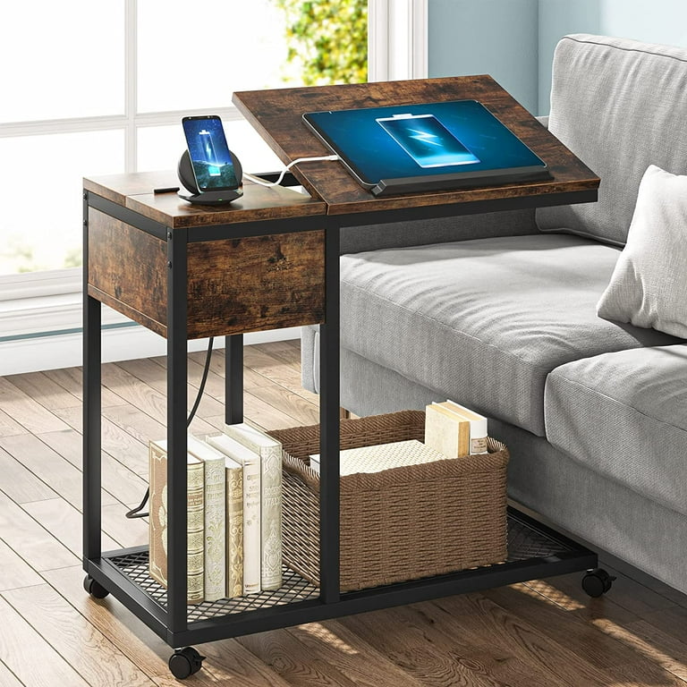 C Side Table with Outlet and USB Ports Portable Table with Charging Station Brown