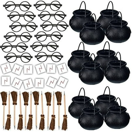 Wizard Realm Party Supplies Wizard Party Favors for 12 - Includes Broom Pens, Cauldron, Glasses, and Lightning Scar Tattoos - Perfect for a Wizard School Theme Birthday Party (12 of each) ()