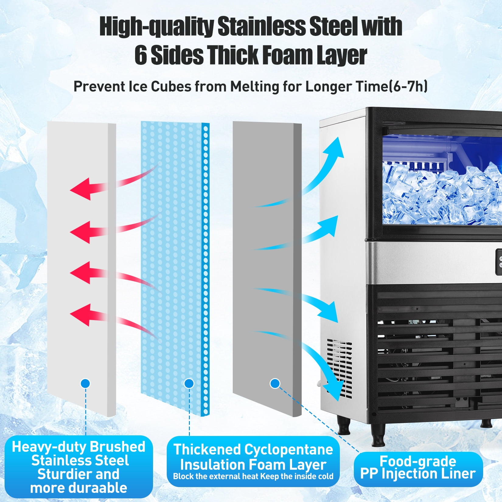 Commercial Ice Maker Machine 150LBS/24h with 26LBS Storage, Freestanding Ice Makers for Home Bar Restaurant Café, Stainless Steel Ice Cube Maker Machine