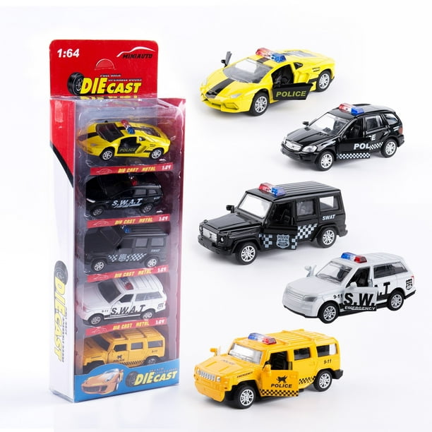 KIDAMI Lot de 5 petites voitures miniatures en métal moulé sous pression,  coffret cadeau pour enfants avec portes ouvrantes (voiture de police) 