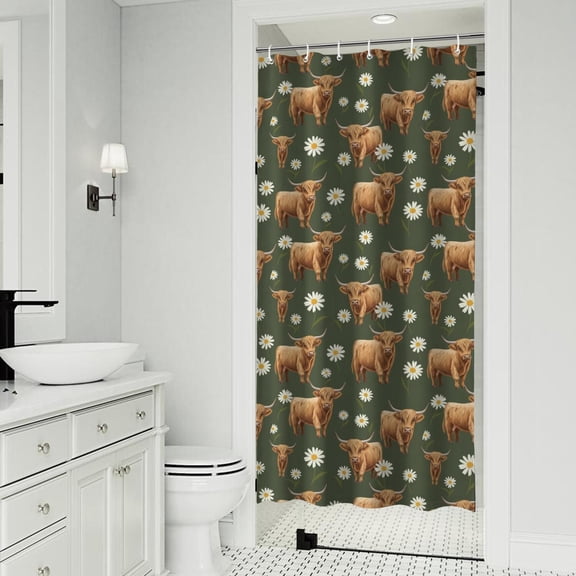 Green Highland Cow Daisy Pattern Shower Curtain 36"x72" ,Bathroom Decorative Shower Curtains Set with 12 Hooks,Modern Waterproof Washable Shower Curtain