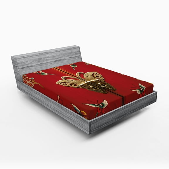 Ambesonne Vintage Fitted Sheet, Japanese Art Door Painting, Full Size, Vermilion and Multicolor