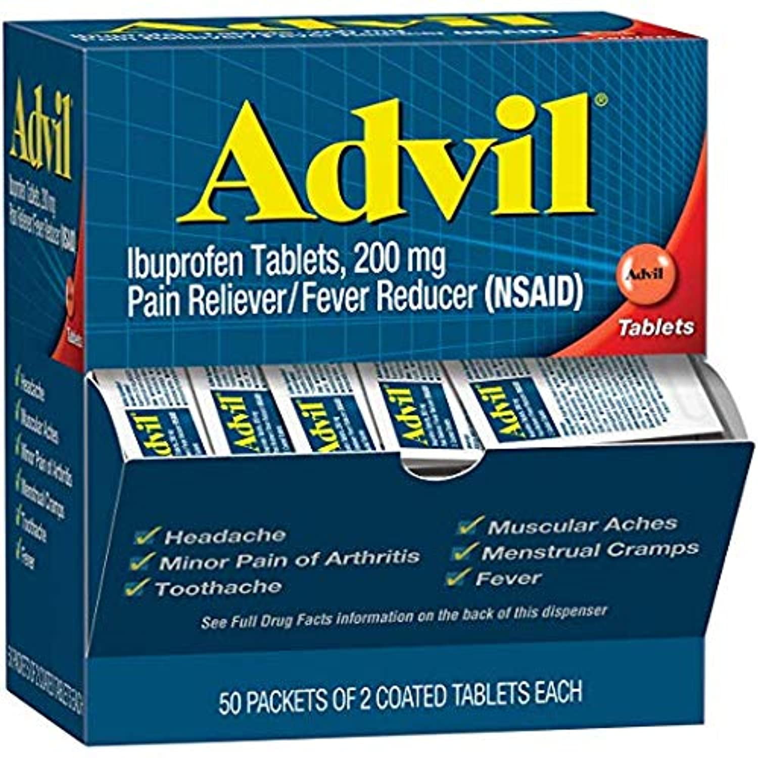 50 Packets of 2 Capsules Pain/Fever  Reliever Coated Tablet, Individually Sealed, 200mg Ibuprofen, Travel Pack (2 Pack)