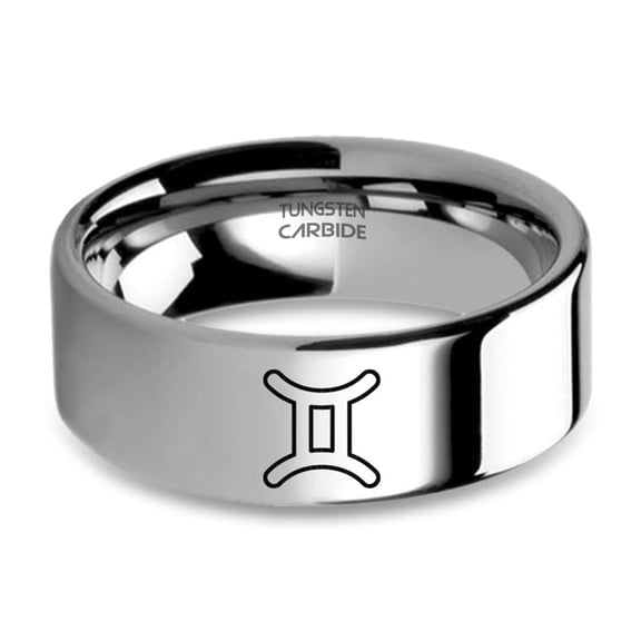 Gemini Astrology Sign Engraved Silver Tungsten Carbide Ring, 8mm, Size 15