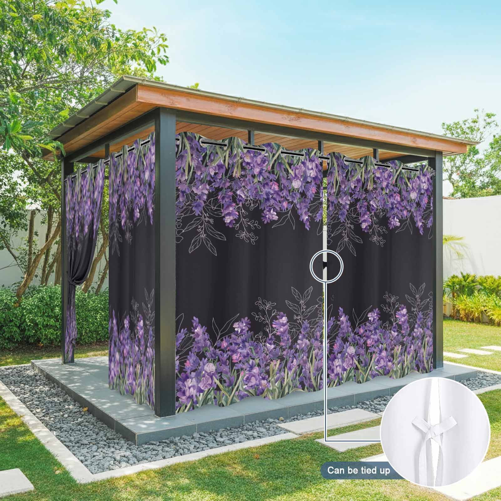 Outdoor Curtains for Patio Waterproof, Purple Lavender Outdoor Privacy Panels Grommet, Spring Watercolor Wildflowers Plant Black Blackout Outside Curtains for Porch/Cabana 54"x108", 1 Panel