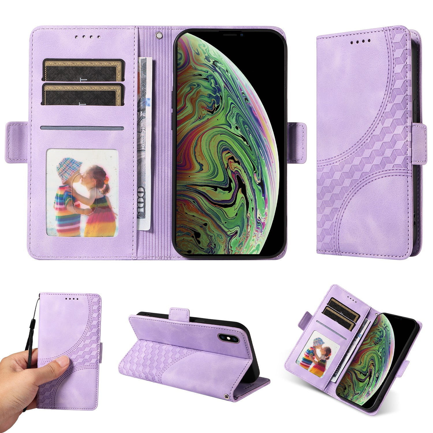 ELEHOLD For iPhone XR Leather Wallet Phone Case, Embossed Diamond Folio Flip Cover, Card Holder Cash Slot, Stand Support, Wrist Strap Lanyard -Purple