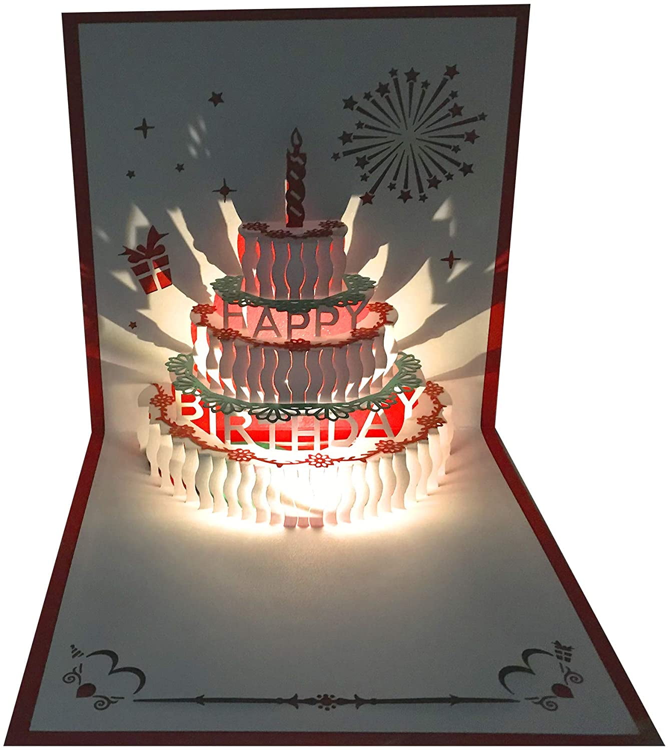 3D Pop Up Greeting Card Happy Birthday Cake Music LED Postcard With Envelope 