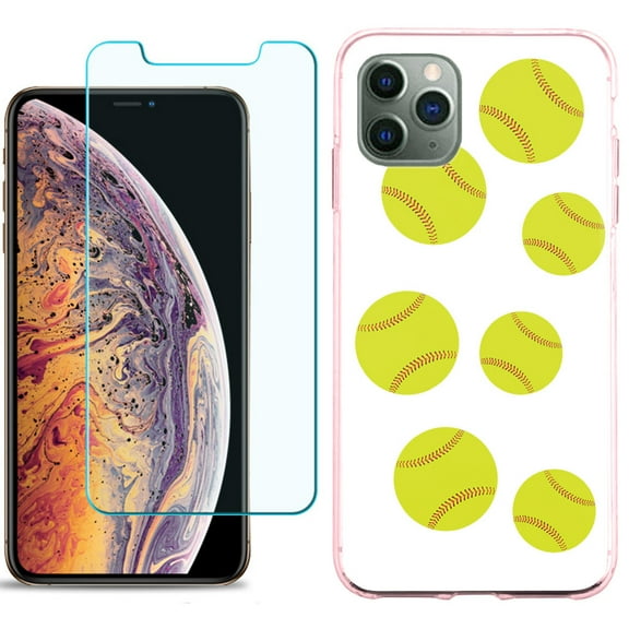 For Apple iPhone 11 PRO Case, Slim-Fit TPU Protective Phone Case (Pink Bezel) with Tempered Glass Screen Protector, by OneToughShield ® - Softball Seven