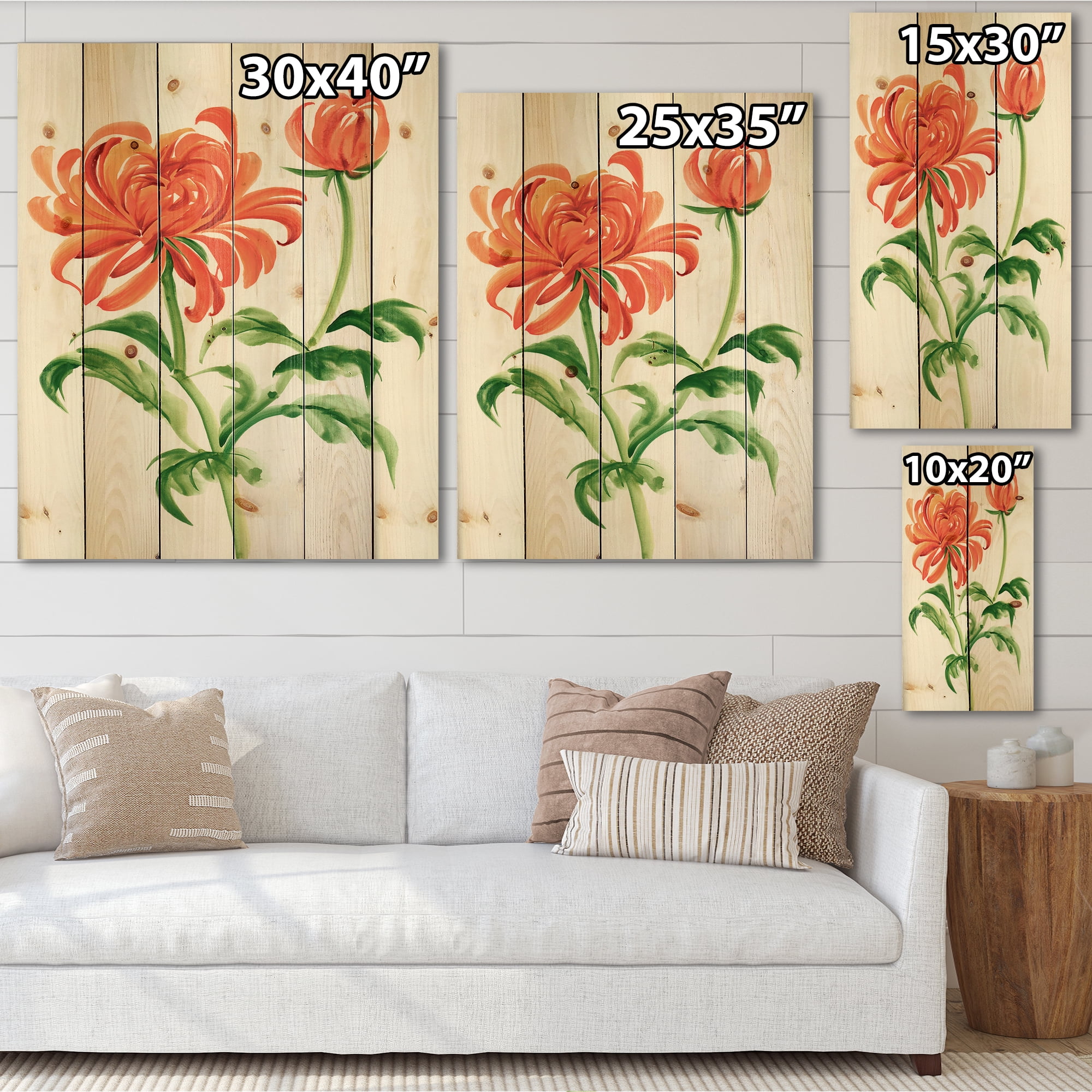 Designart 'Ancient Orange Chrysanthemum Flower' Traditional Print on Natural Pine Wood