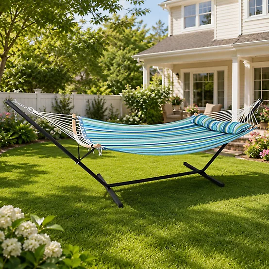 GearXpert Blue Green Stripe Double Hammock with 12 ft Steel Stand, 450 lb Capacity, Outdoor Patio Camping Lounger
