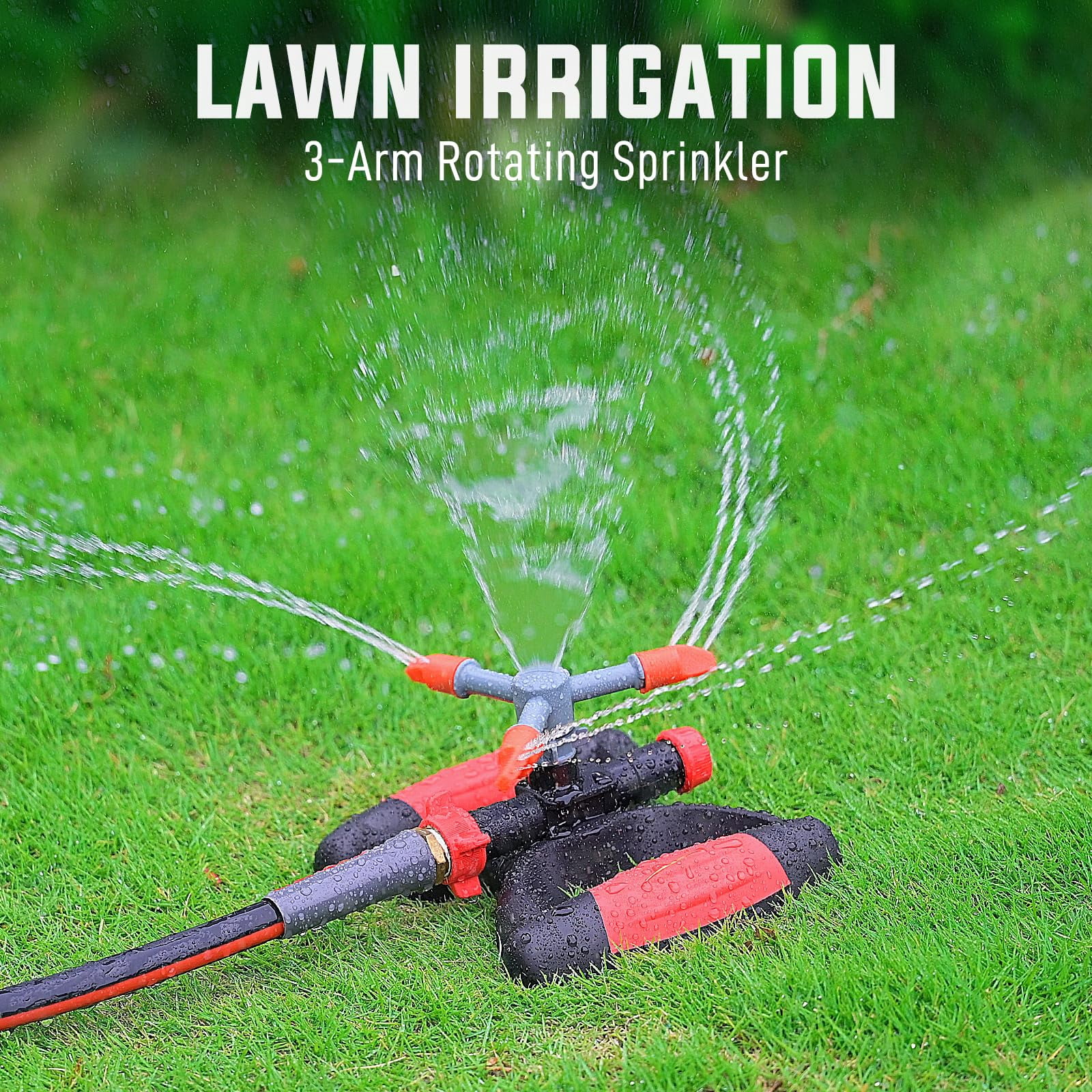 YAMATIC Lawn Sprinkler, Automatic 360 Degree Rotating Large Area 3 Arm Sprayer
