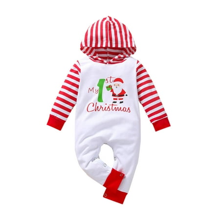 

EYIIYE My First Christmas Baby Christmas Santa ClausStripe Printing Hooded Romper Jumpsuit 3-18 Months