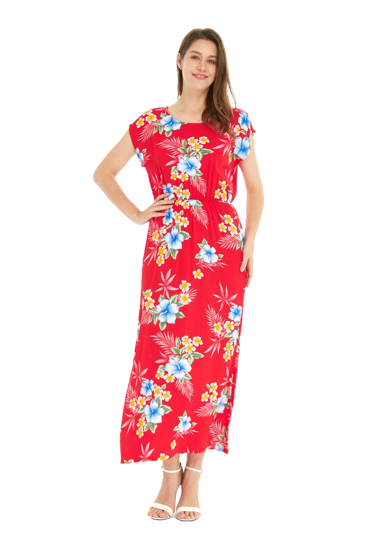 Women's Hawaiian Luau Cap Sleeve Maxi Simple Dress in Hibiscus