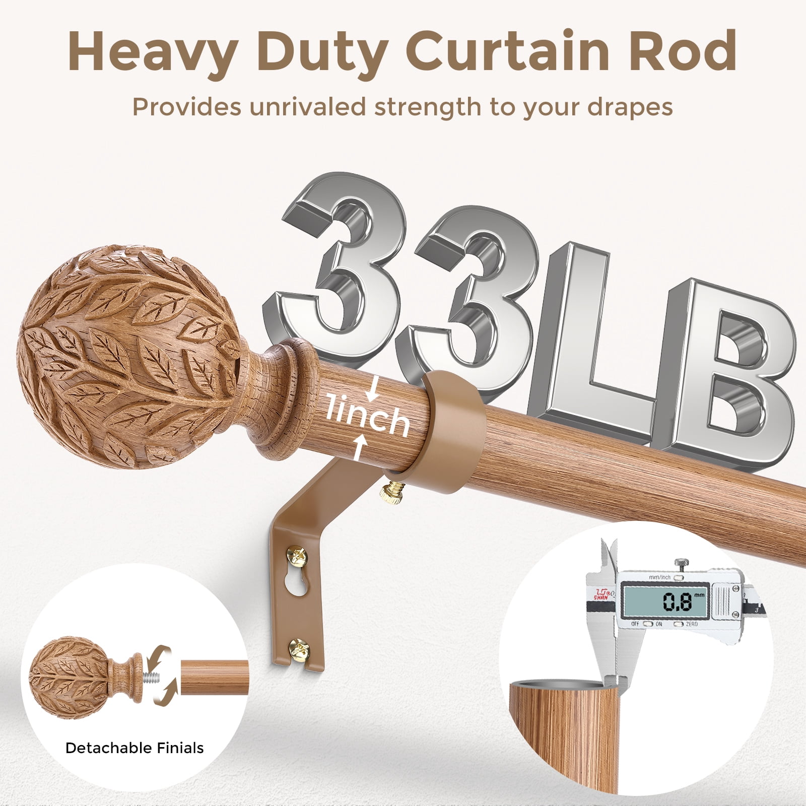 OLV Boho Curtain Rods 36-88" Heavy Duty with Wood Grain Leaf Finial,Burlywood