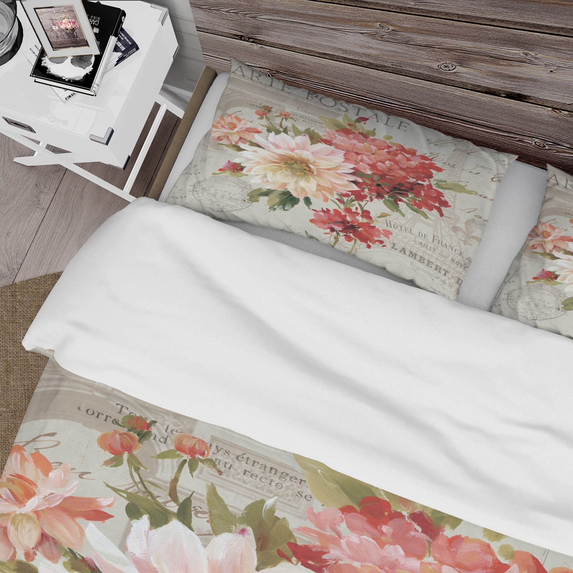 Designart 'Red Painted Flowers on Vintage Postcard I' Cottage Duvet Cover Set