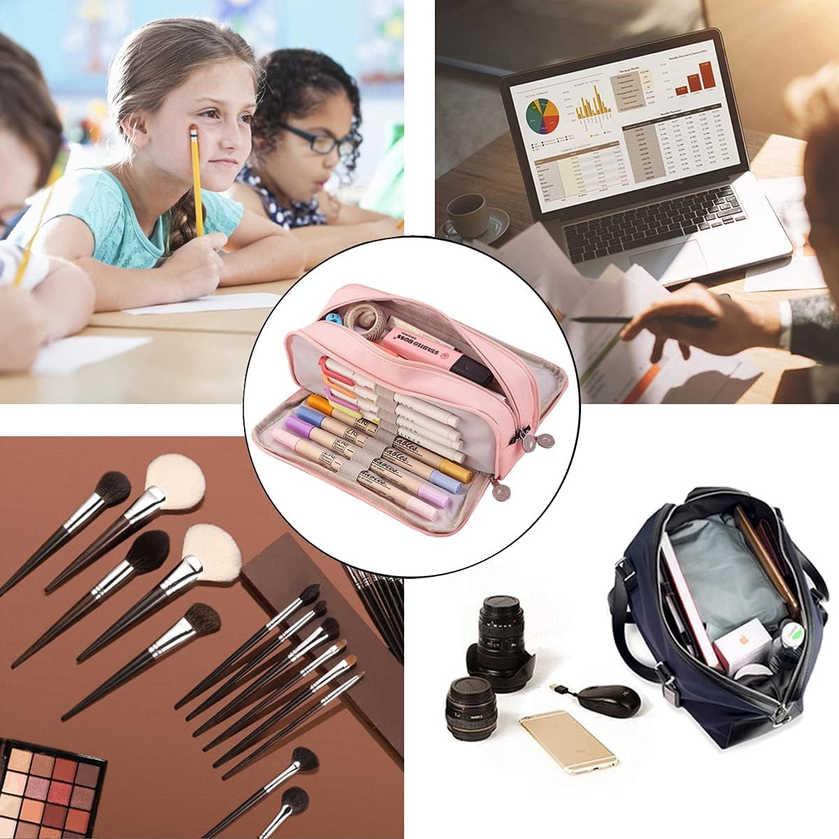 Heluo.Zu Office Pencil Case,Colored Pencils Pouch for Students Stationary,3 Compartments Canvas Pencil Bag Pencil Boxes with Zipper,Pink