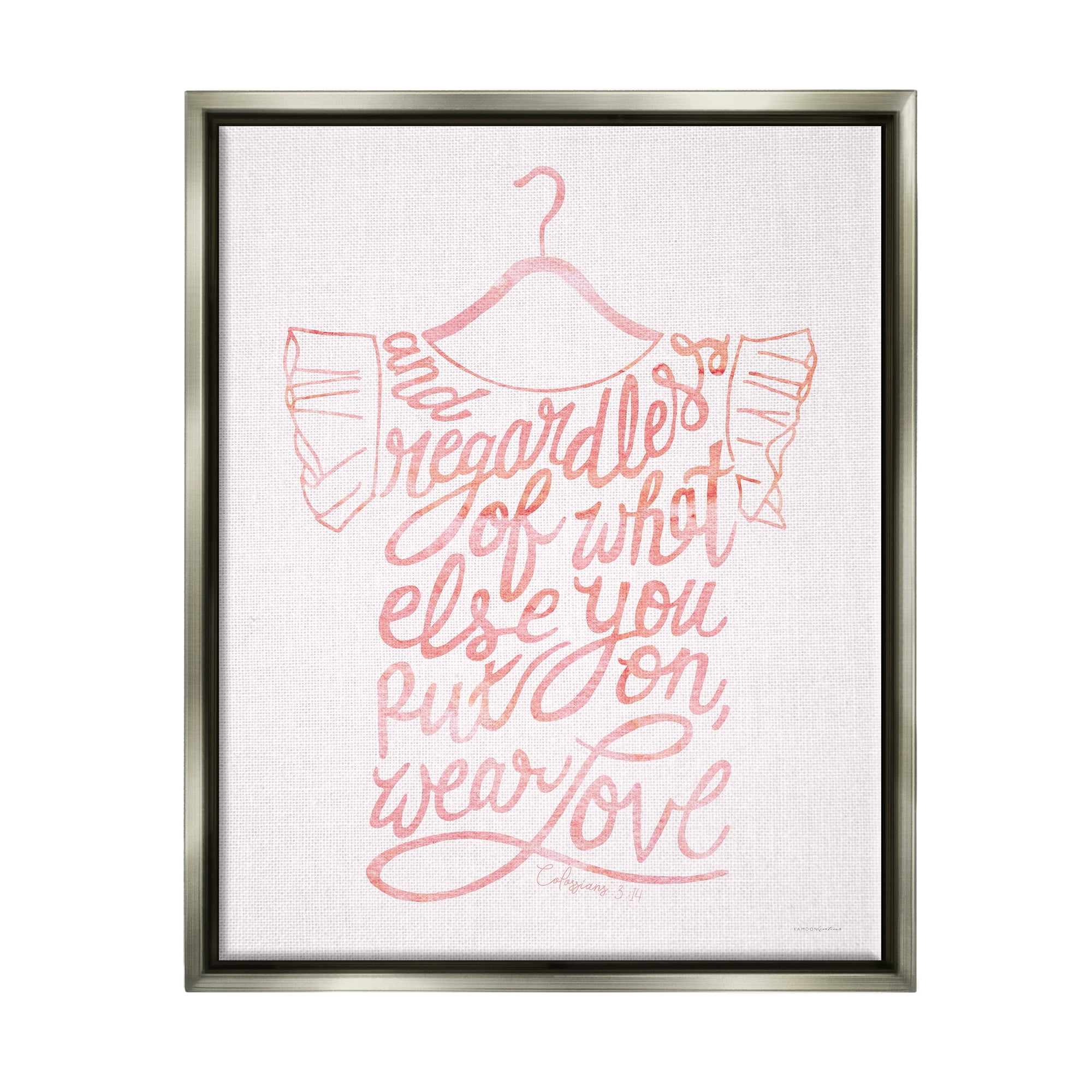 Stupell Industries Wear Love Fashion Calligraphy Religious Inspirational Quote Graphic Art Luster Gray Floating Framed Canvas Print Wall Art, Design by Kamdon Kreations
