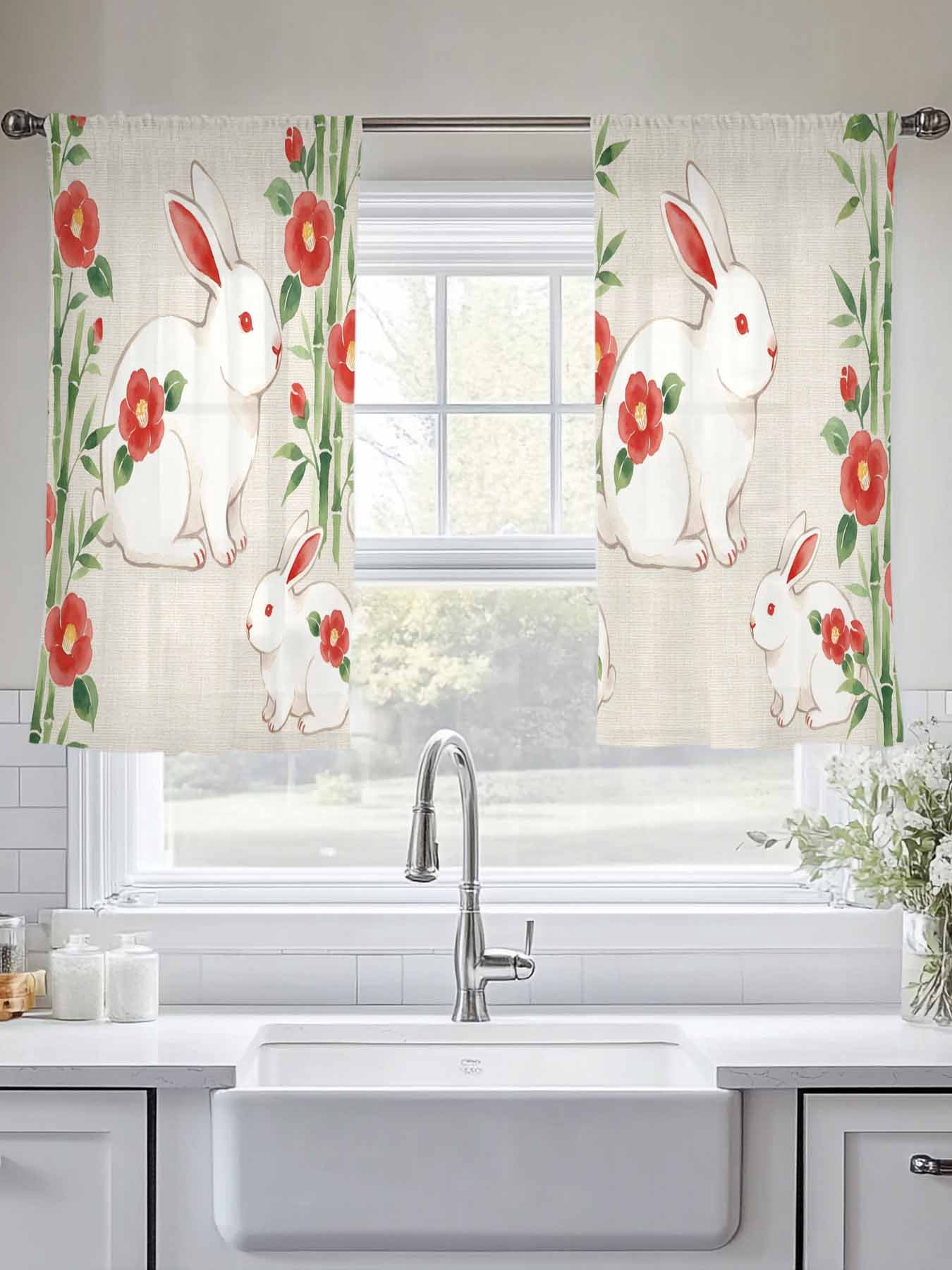Floral Rabbits Sheer Curtains 2 Panels Set Japanese Red Floral Rabbit Linen Texture Sheer Window Curtains Light Filtering Rod Pocket Voile Drapes for Bedroom Living Room 52"x54"