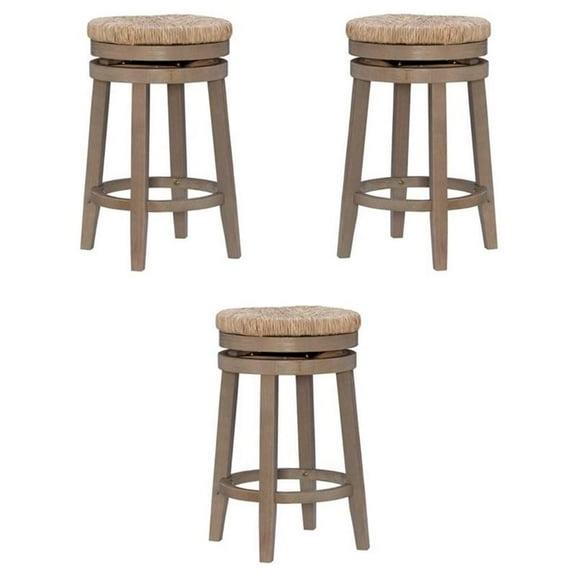 Pemberly Row Solid Wood Swivel Rush Counter Stool in Natural Brown - Set of 3