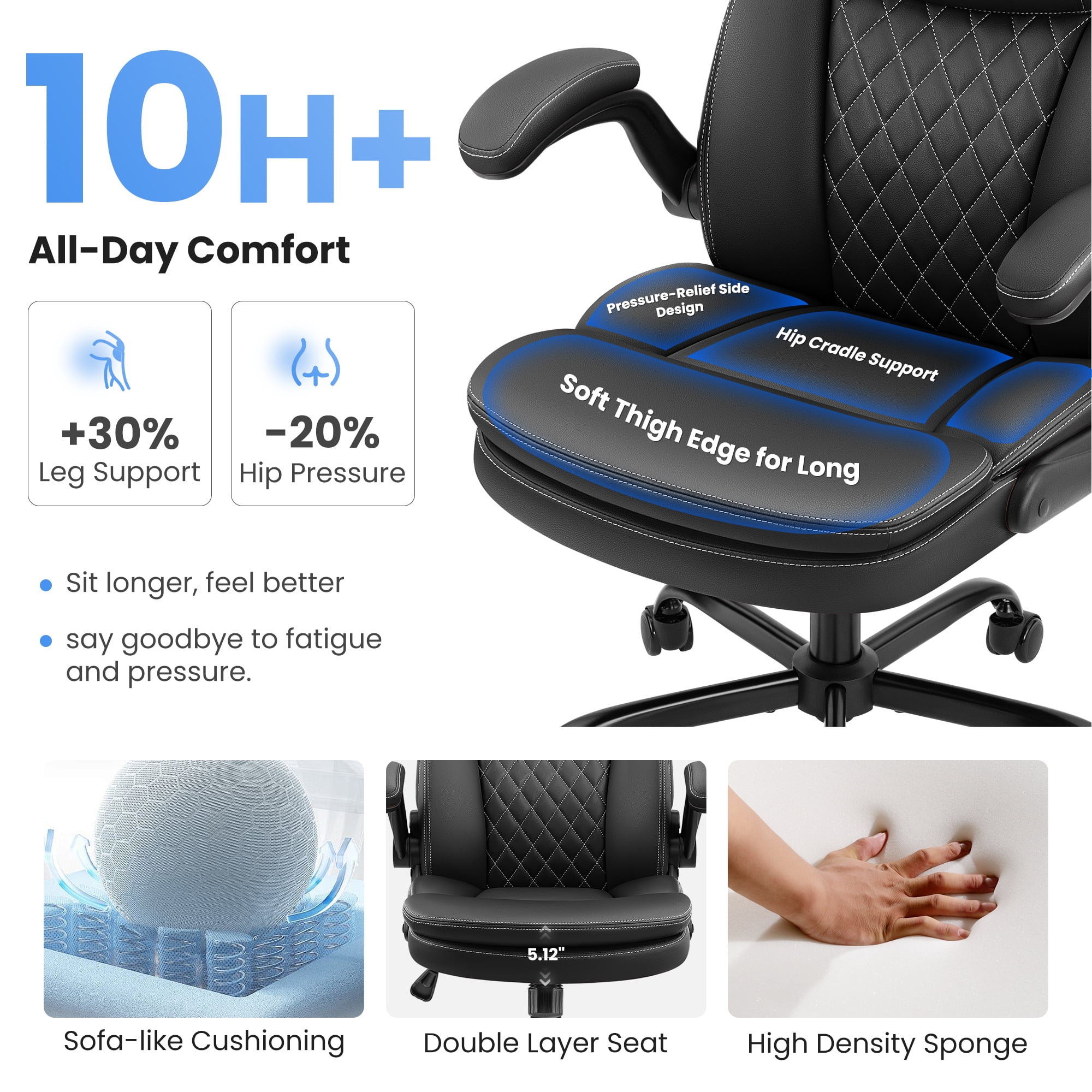 COOLHUT 400LBS Big and Tall Office Chair, Executive PU Leather Desk Chair Thick Seat Cushion and Neckrest, Support 8 Hours Heavy Duty Design, 8-Years Warranty, Black