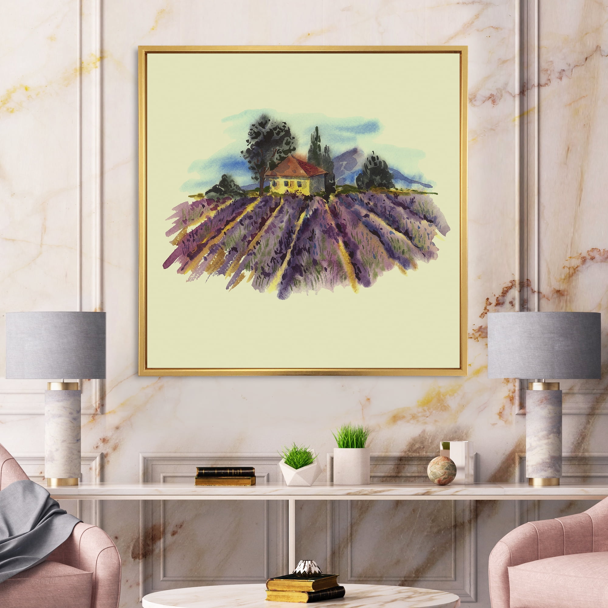 Designart 'Landscape With Blooming Lavender and Village House' Traditional Framed Canvas Wall Art Print