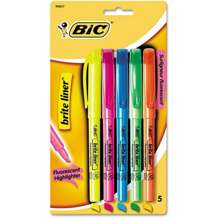 BIC Brite Liner Highlighter, Chisel Tip, Fluorescent, 5/Set