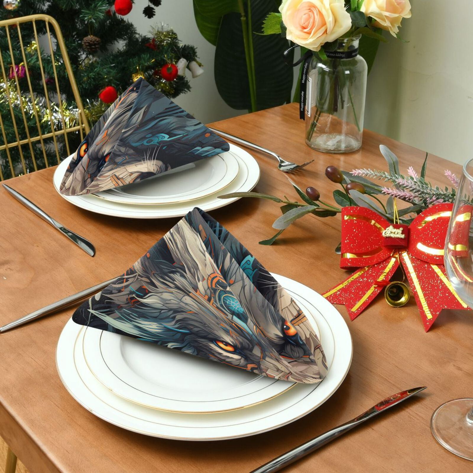 JSTEL King Of Wolf Cloth Napkins Set of 6, 20x20 Inch Washable and Reusable Napkin for Decoupage Dinner Party Everyday Use