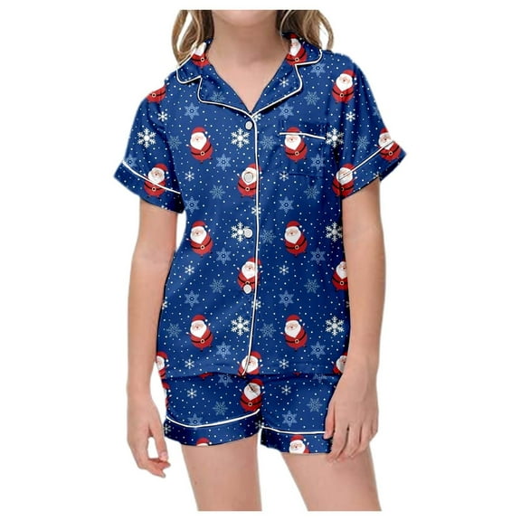 Xdzjlr Christmas Pajamas Girls Xmas Classic Print Button Down Collar Short Sleeve Tops Shorts Set Nightwear Kids Loungewear Pjs Pink