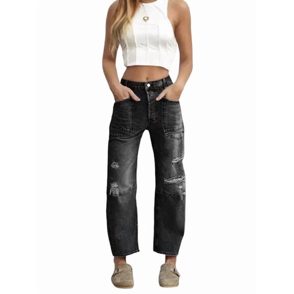 Women Baggy Distressed Jeans Boyfriend Patchwork Wide Leg Ripped Denim Pants Ankle Jean Trouser Chambray Black S