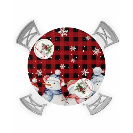 

Round Tablecloth with Elastic Merry Christmas Cute Snowman Snowflake Red Buffalo Plaid Waterproof Table Cover Wipeable Fitted Table Cloths for 45 -54 Round Tables Dining Kitchen Indoor Outdoor Use