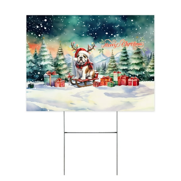 Merry Christmas Santa Reindeer Antlers Bulldog Sleigh Xmas Winter Holiday Yard Sign Dog Lover Gifts Idea Outdoor Home Lawn Garden Porch Decor - 00023
