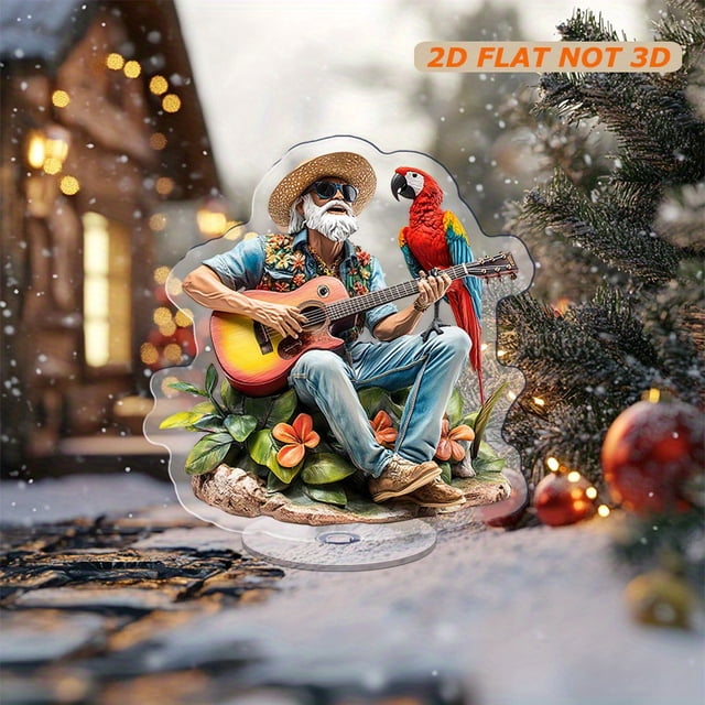 Rotating acrylic ornament featuring Jimmy Buffett with a guitar and parrot, capturing a vibrant Hawaiian spirit on a white background