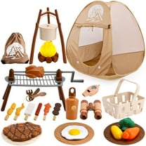 Kids Camping Toys Set with Play Tent Campfire Toys,Toy BBQ Grill Set,Pretend Cutting Play Food Set for Kid Kitchen, Indoor Outdoor Toys Pretend Playset for Toddler, Gifts for Boys Girls